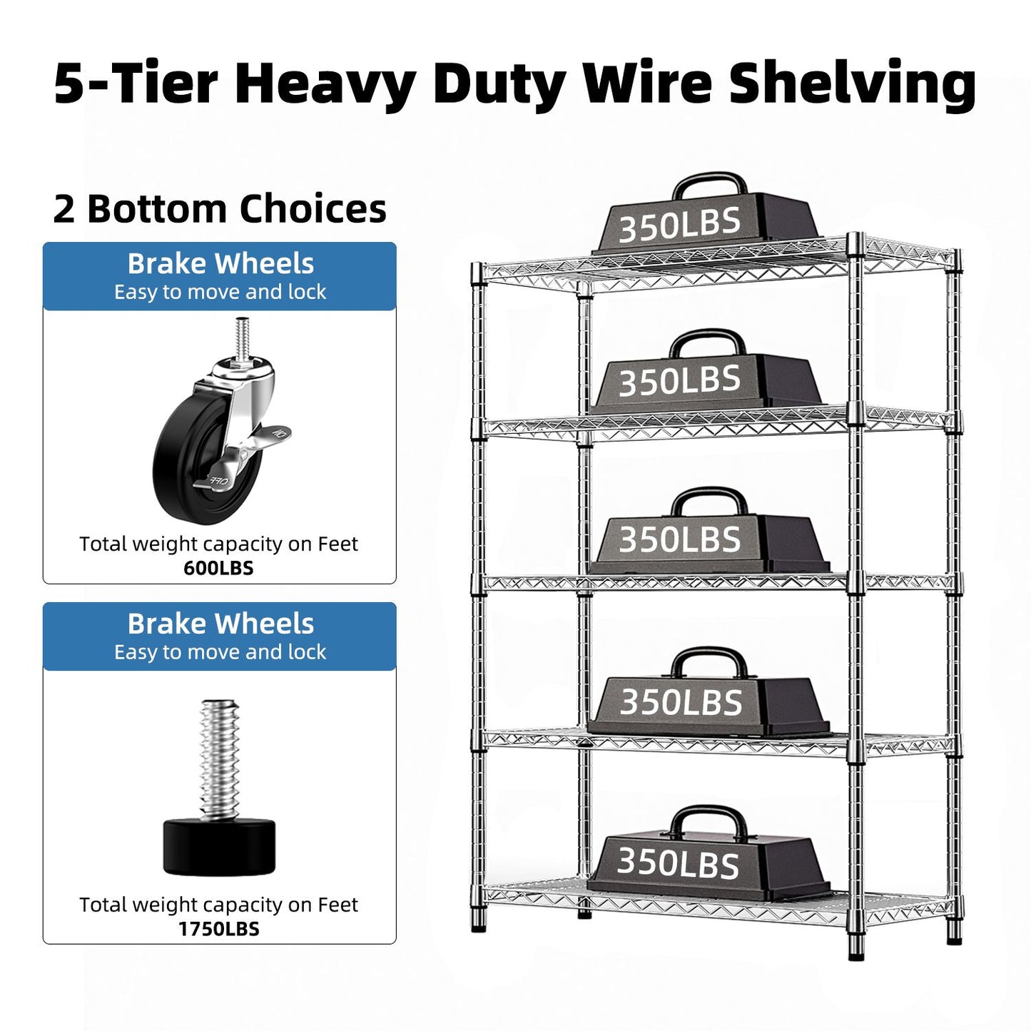 Steel Storage Shelving 5-Tier Utility Shelving Unit Steel Organizer Wire Rack with Wheels for Home,Kitchen,Office,Garage, 1750 LBS Capacity 17.7" D x 47.2" W x 72.3" H