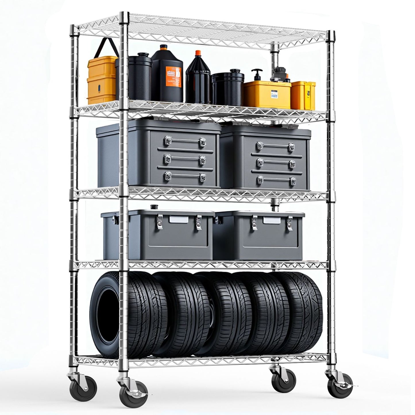 Steel Storage Shelving 5-Tier Utility Shelving Unit Steel Organizer Wire Rack with Wheels for Home,Kitchen,Office,Garage, 1750 LBS Capacity 17.7" D x 47.2" W x 72.3" H