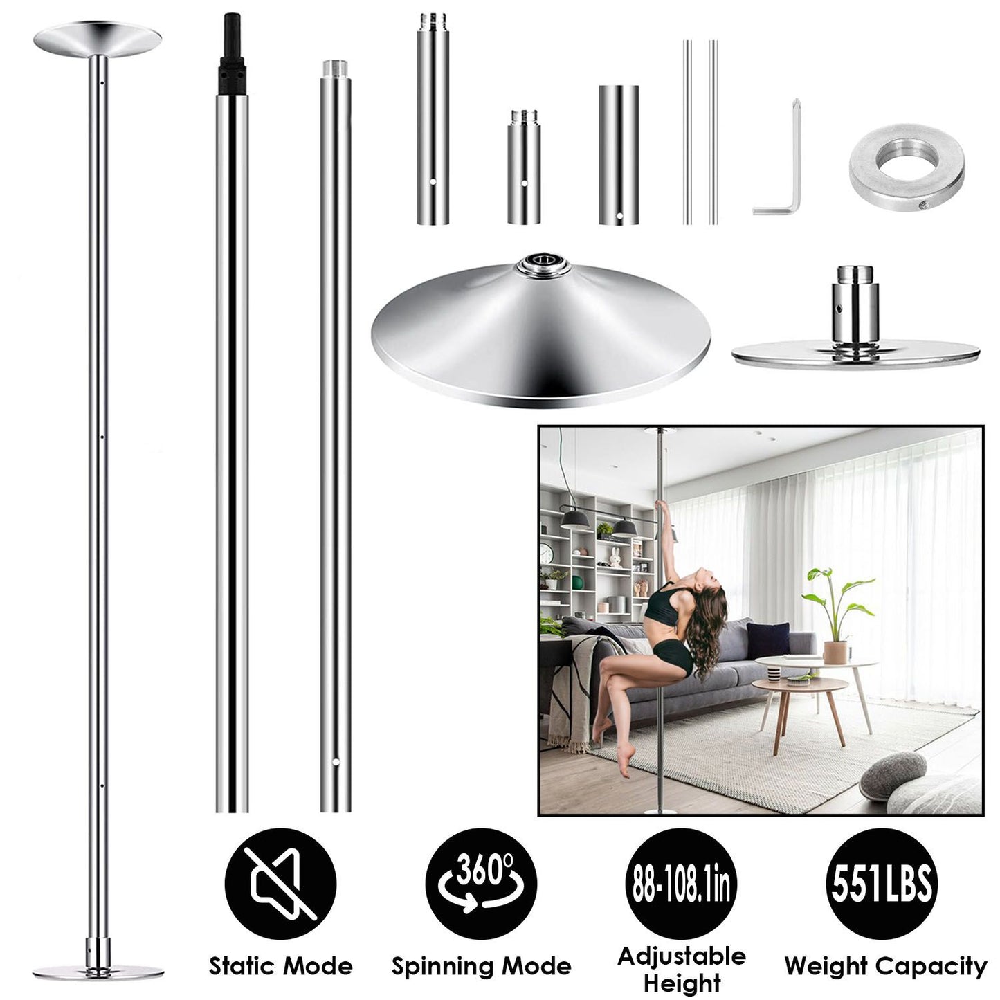 Stripper Dance Pole 45mm Spinning Static Dancing Pole with 88-108.1in Adjustable Height 551LBS Weight Capacity for Fitness Exercise Party Home Club Gym