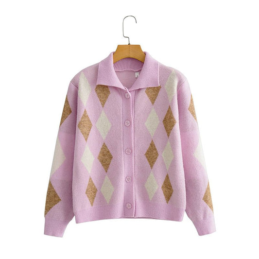 Sweet Argyle Women's Sweater Cardigan Chic Turn-down Collar Long Sleeve Female Slim Knit Short Cardigans 2021 Autumn Ladies Tops