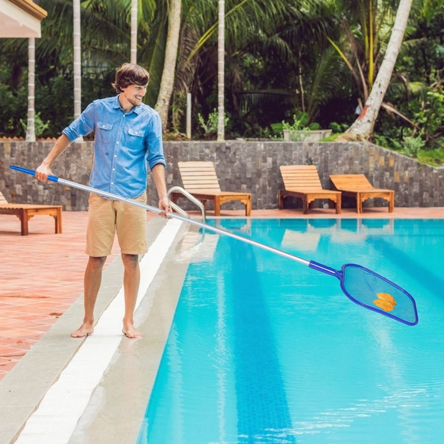 Swimming Pool Telescopic Leaf Net Skimmer Rake with Adjustable Aluminum Pole and Nylon Medium Fine Mesh for Cleaning Swimming Pools, Hot Tubs, Spas and Fountains