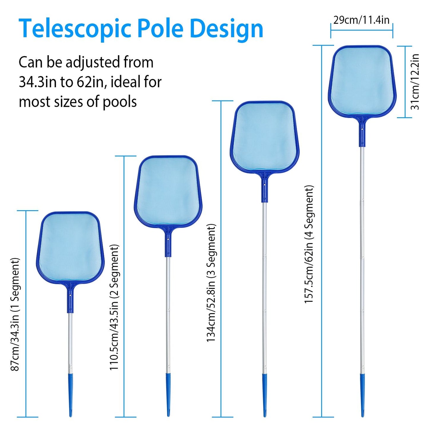 Swimming Pool Telescopic Leaf Net Skimmer Rake with Adjustable Aluminum Pole and Nylon Medium Fine Mesh for Cleaning Swimming Pools, Hot Tubs, Spas and Fountains
