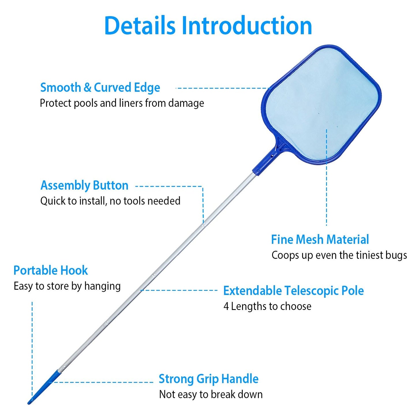 Swimming Pool Telescopic Leaf Net Skimmer Rake with Adjustable Aluminum Pole and Nylon Medium Fine Mesh for Cleaning Swimming Pools, Hot Tubs, Spas and Fountains
