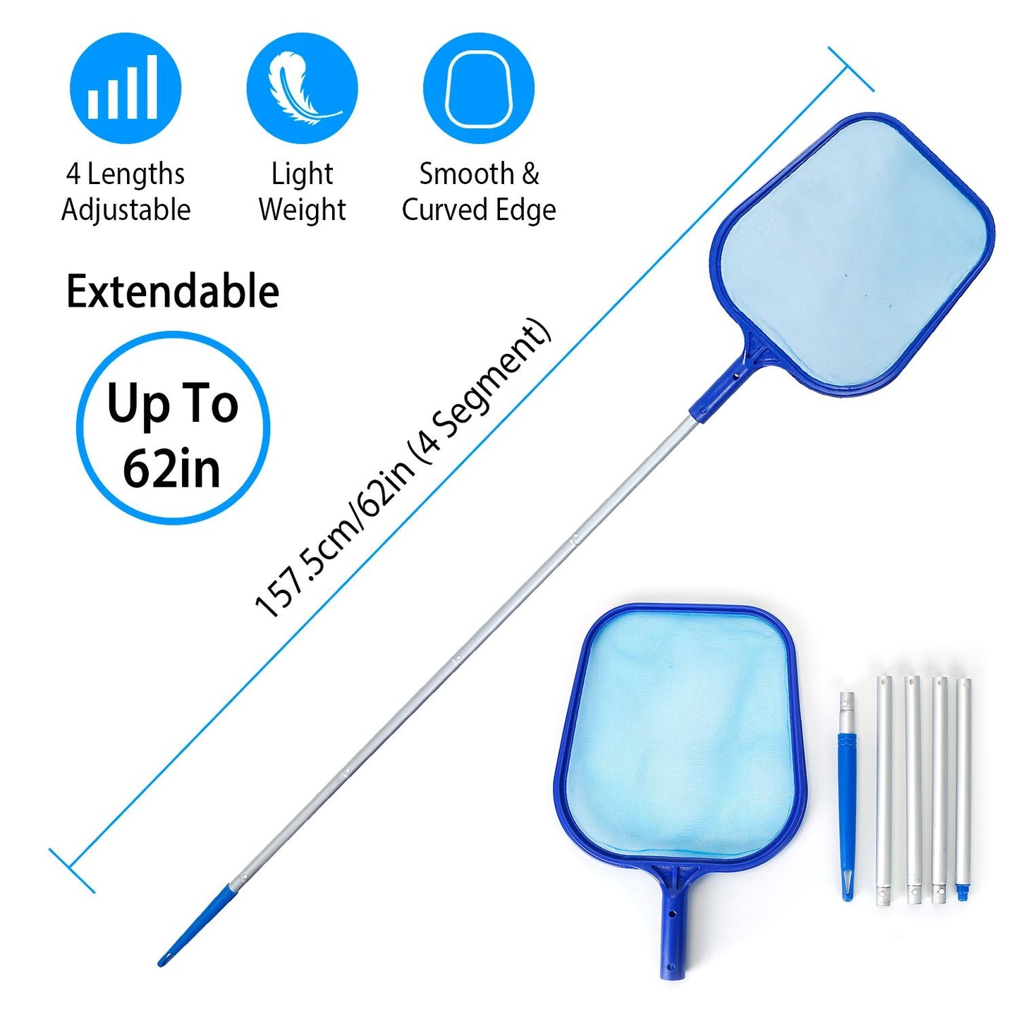 Swimming Pool Telescopic Leaf Net Skimmer Rake with Adjustable Aluminum Pole and Nylon Medium Fine Mesh for Cleaning Swimming Pools, Hot Tubs, Spas and Fountains