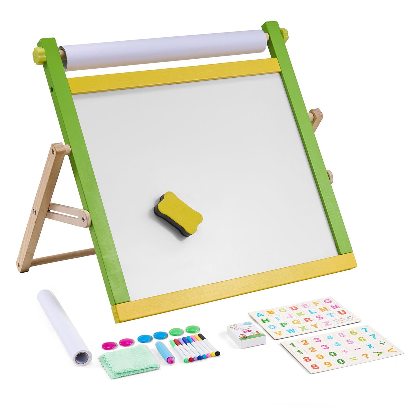 Tabletop Art Easel for Kids, 3-in-1 Wooden Double-Sided Kid's Art Easel with Magnetic Whiteboard, Chalkboard, Paper Roll, Foldable Portable Drawing Board with Painting Accessories for Boys Girls