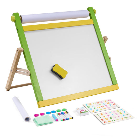 Tabletop Art Easel for Kids, 3-in-1 Wooden Double-Sided Kid's Art Easel with Magnetic Whiteboard, Chalkboard, Paper Roll, Foldable Portable Drawing Board with Painting Accessories for Boys Girls