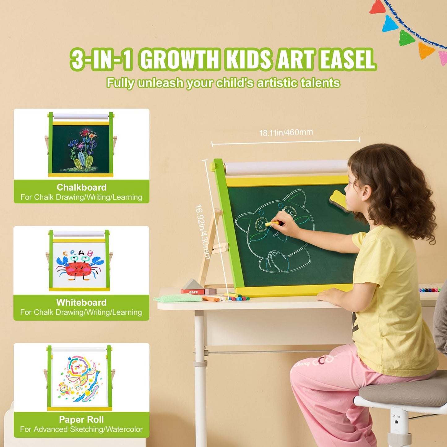 Tabletop Art Easel for Kids, 3-in-1 Wooden Double-Sided Kid's Art Easel with Magnetic Whiteboard, Chalkboard, Paper Roll, Foldable Portable Drawing Board with Painting Accessories for Boys Girls