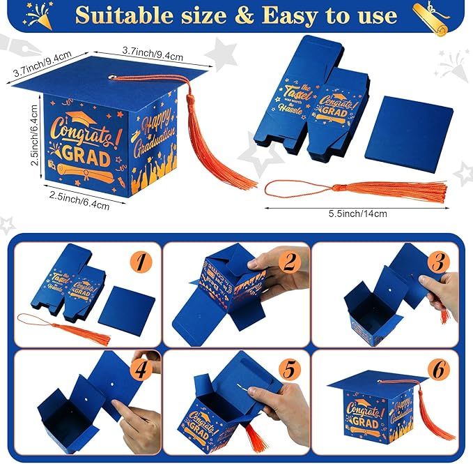 TaoBary 30 Pcs Graduation Cap Candy Box with Tassel Party Favors & Decorations - Blue & Orange