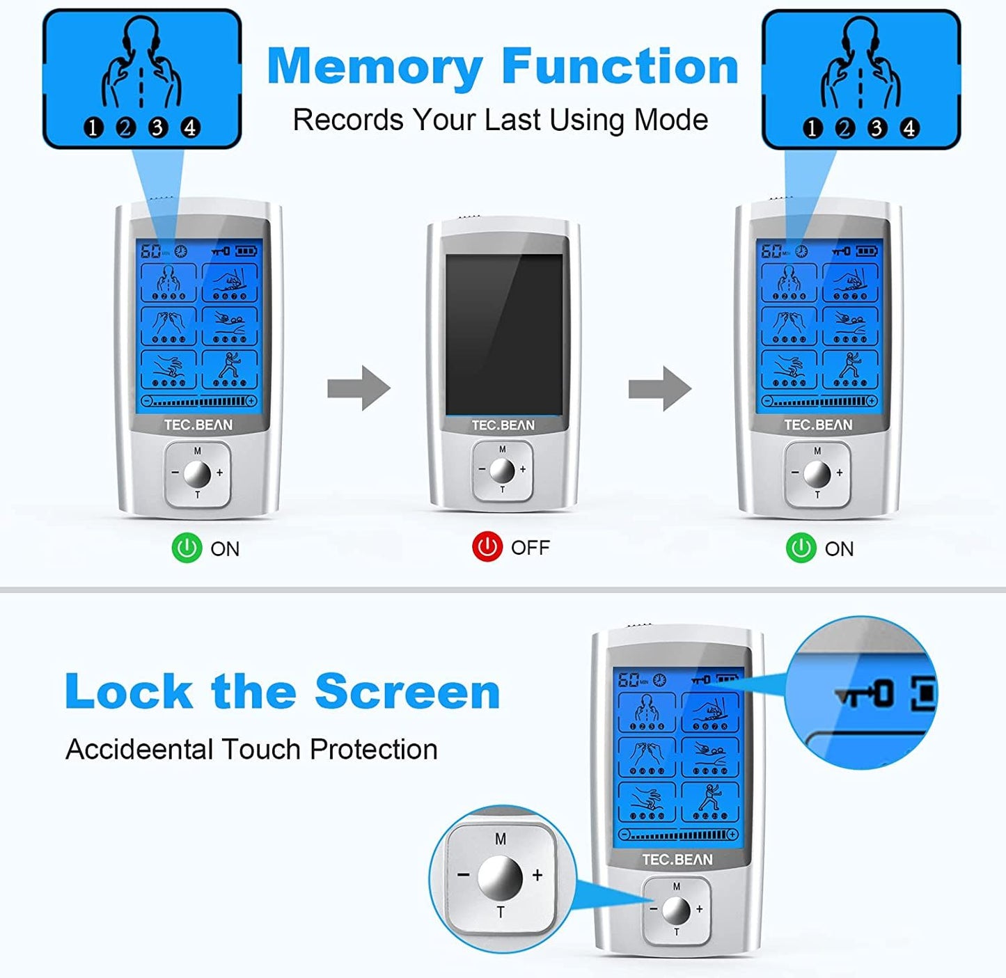 TEC.BEAN 24 Modes TENS Unit Muscle Stimulator;  Rechargeable TENS Machine with 8 Electrode Pads (American Gel);  Electric Pulse Massager for Pain Relief Therapy