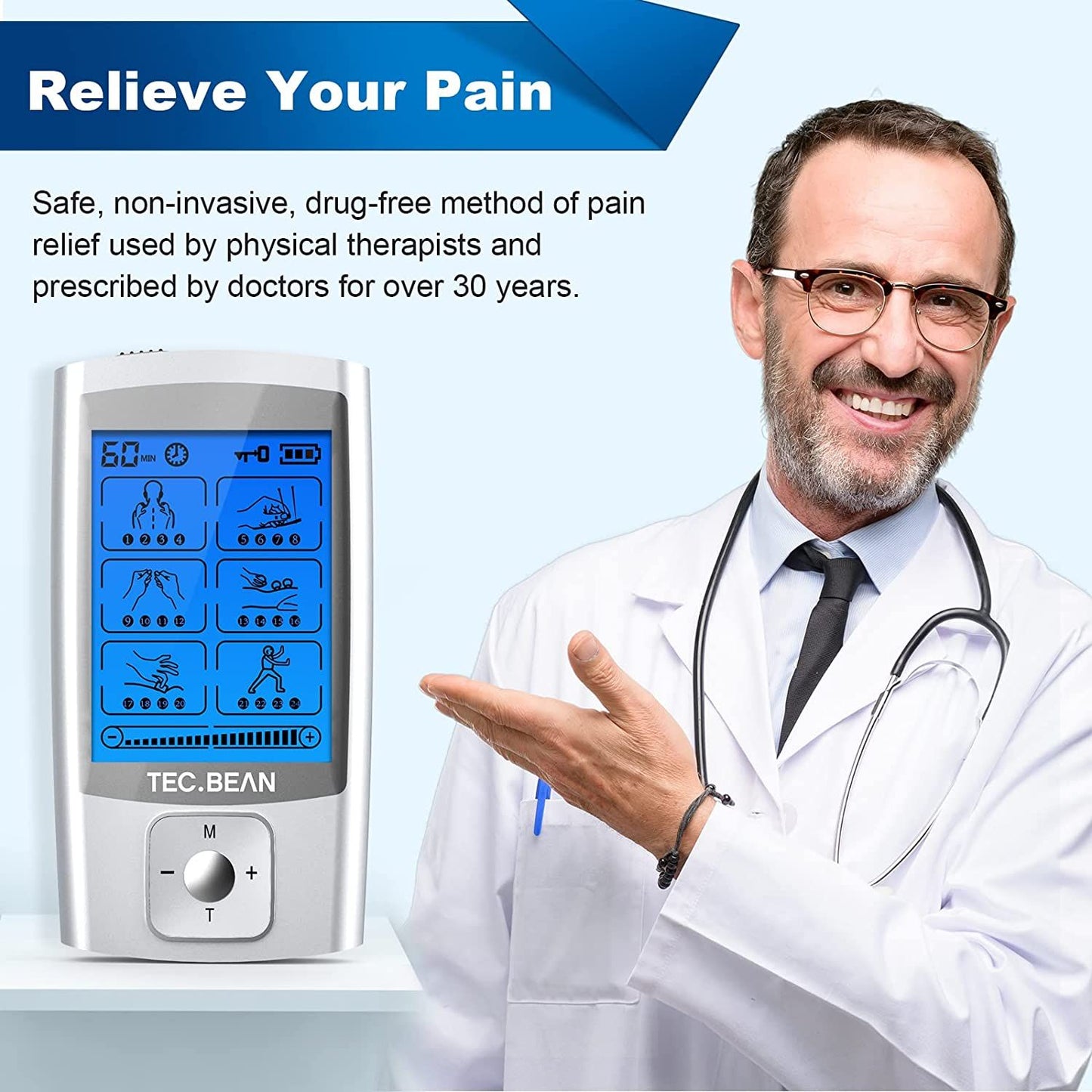 TEC.BEAN 24 Modes TENS Unit Muscle Stimulator;  Rechargeable TENS Machine with 8 Electrode Pads (American Gel);  Electric Pulse Massager for Pain Relief Therapy