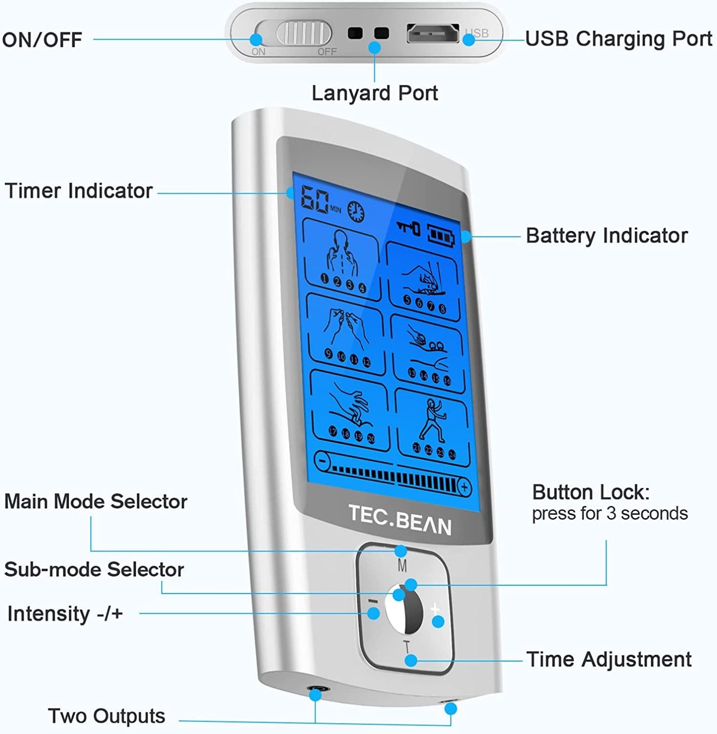 TEC.BEAN 24 Modes TENS Unit Muscle Stimulator;  Rechargeable TENS Machine with 8 Electrode Pads (American Gel);  Electric Pulse Massager for Pain Relief Therapy