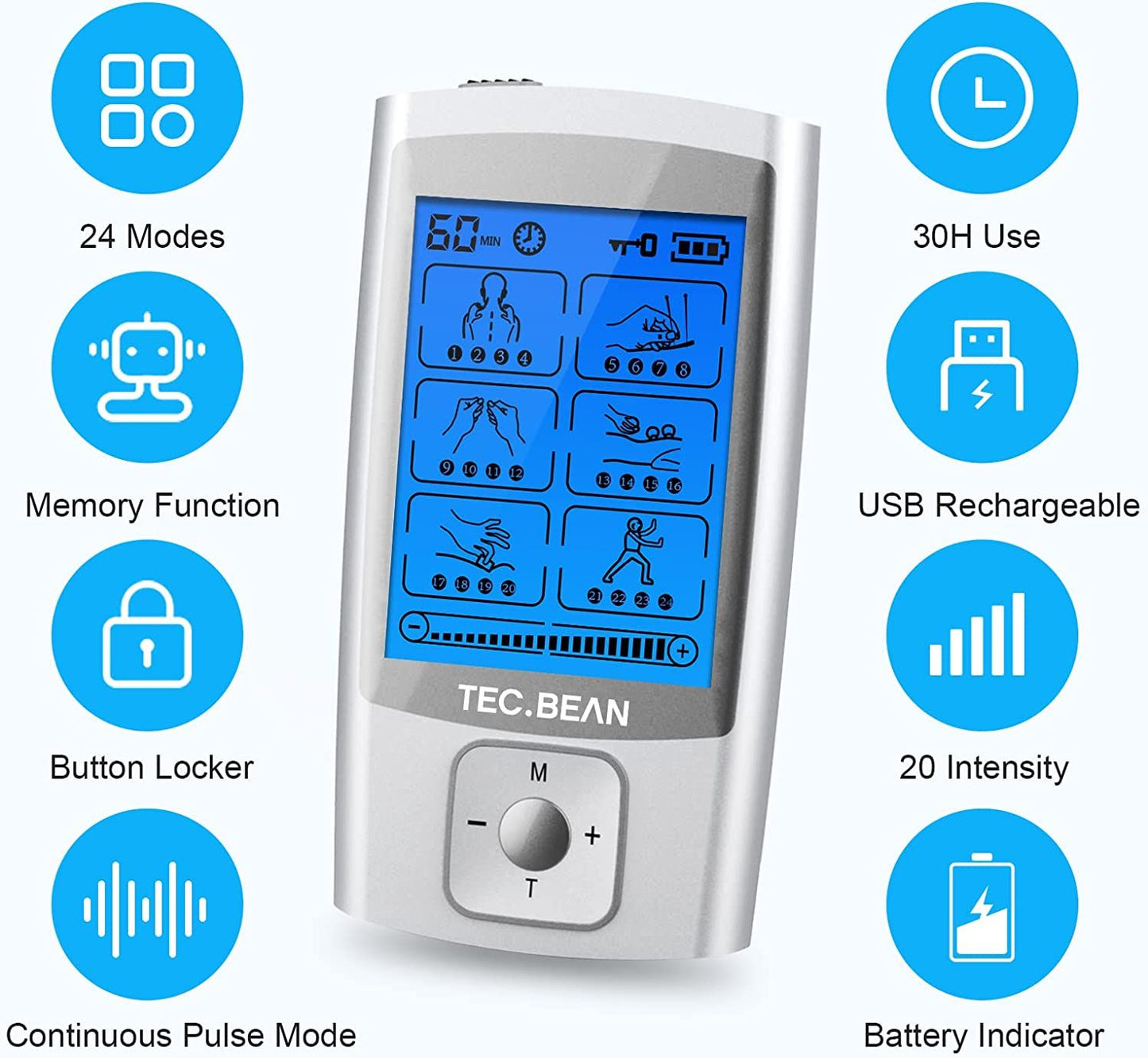 TEC.BEAN 24 Modes TENS Unit Muscle Stimulator;  Rechargeable TENS Machine with 8 Electrode Pads (American Gel);  Electric Pulse Massager for Pain Relief Therapy