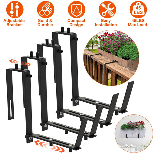 Telescopic Window Planter Bracket, Iron No-Drill Wall-Mounted Flower Box Holder, 6.1-11.6" Tray & 2.36-6.9" Dual-Size Hook, Indoor/Outdoor Rustproof Rail Hanging Basket Support, with 24 Screws & Screw