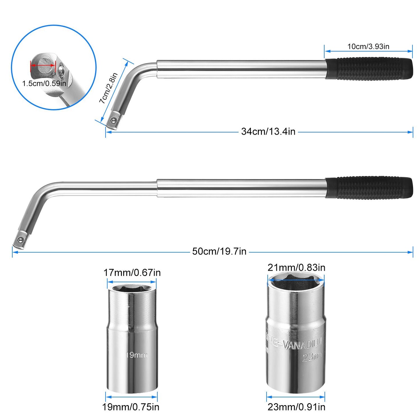 Telescoping Lug Wrench Extendable Tire Wheel Nut Wrench with CR-V Sockets 17mm/19mm/21mm/23mm Free Work Gloves