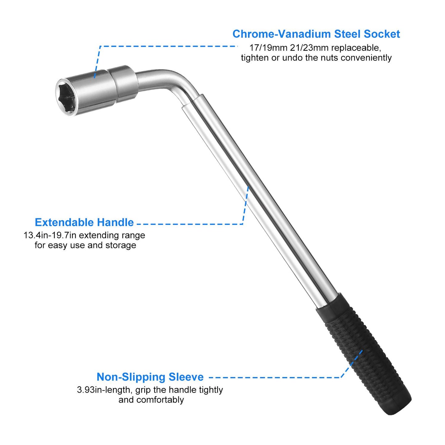 Telescoping Lug Wrench Extendable Tire Wheel Nut Wrench with CR-V Sockets 17mm/19mm/21mm/23mm Free Work Gloves