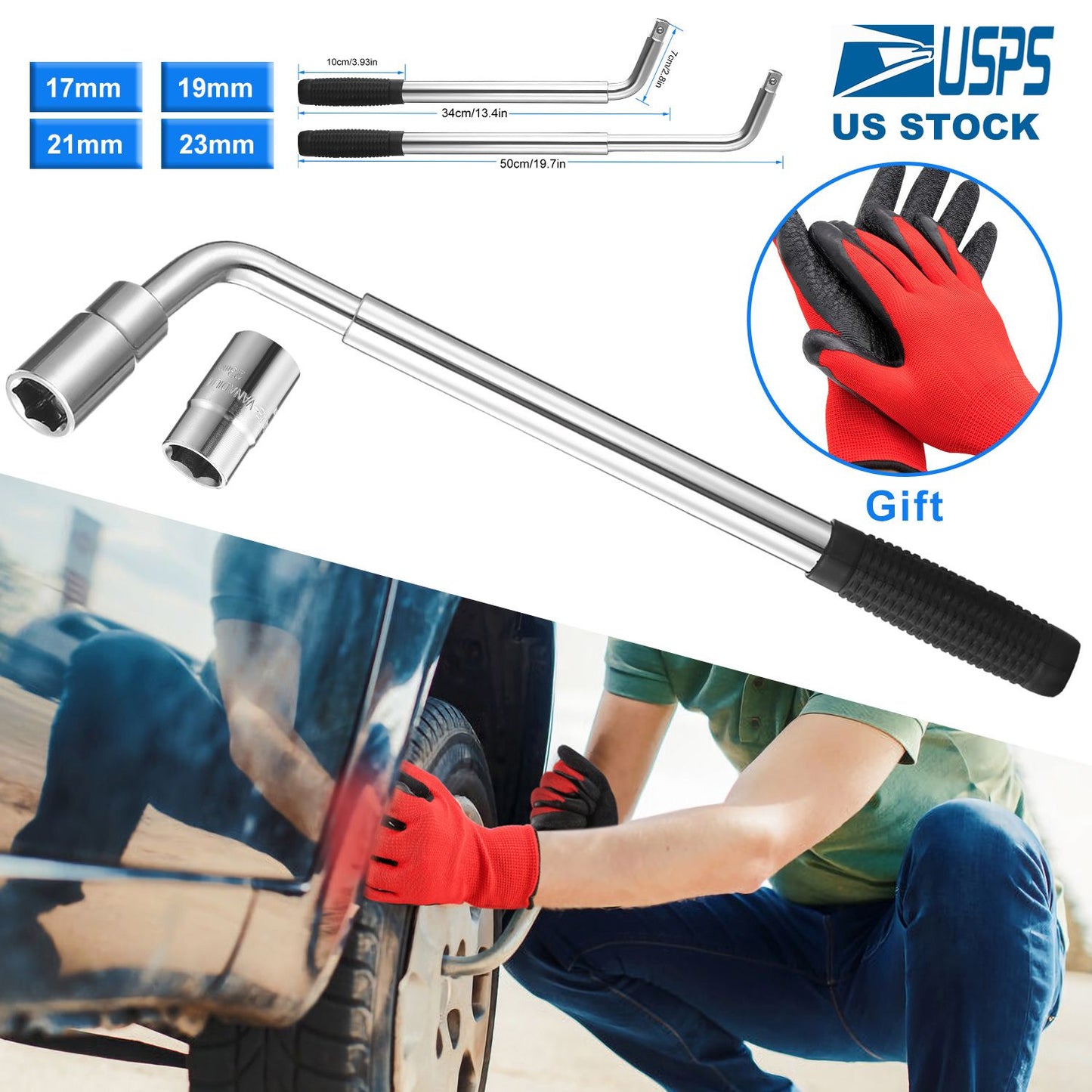 Telescoping Lug Wrench Extendable Tire Wheel Nut Wrench with CR-V Sockets 17mm/19mm/21mm/23mm Free Work Gloves