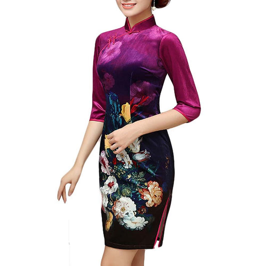 Thin Velvet Cocktail Dress Chinese Traditional Dress Printed Flora Evening Dress