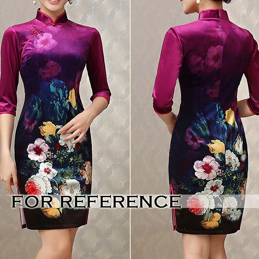 Thin Velvet Cocktail Dress Chinese Traditional Dress Printed Flora Evening Dress