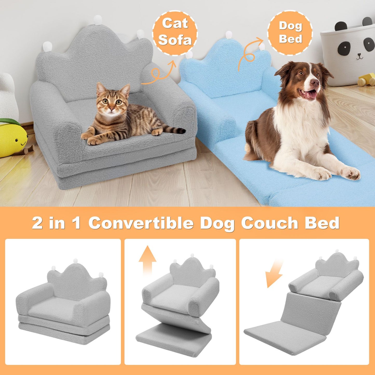 Tiara-Shaped Convertible Dog Bed And Sofa - 22.8"×18.8"×15.7" - 2-in-1 Luxurious Pet Bed With Plush Cushion And Machine-Washable Cover, Stylish Colors For Small/Medium/Large Dogs Or Cat