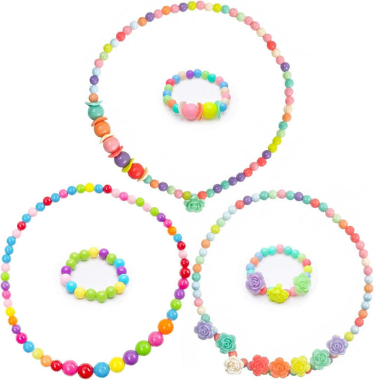 Toddler Necklace Bracelet, 3 Sets Kids Jewelry for Girls Colorful Beads, Costume Dress up Jewelry Gifts Princess Party Favors