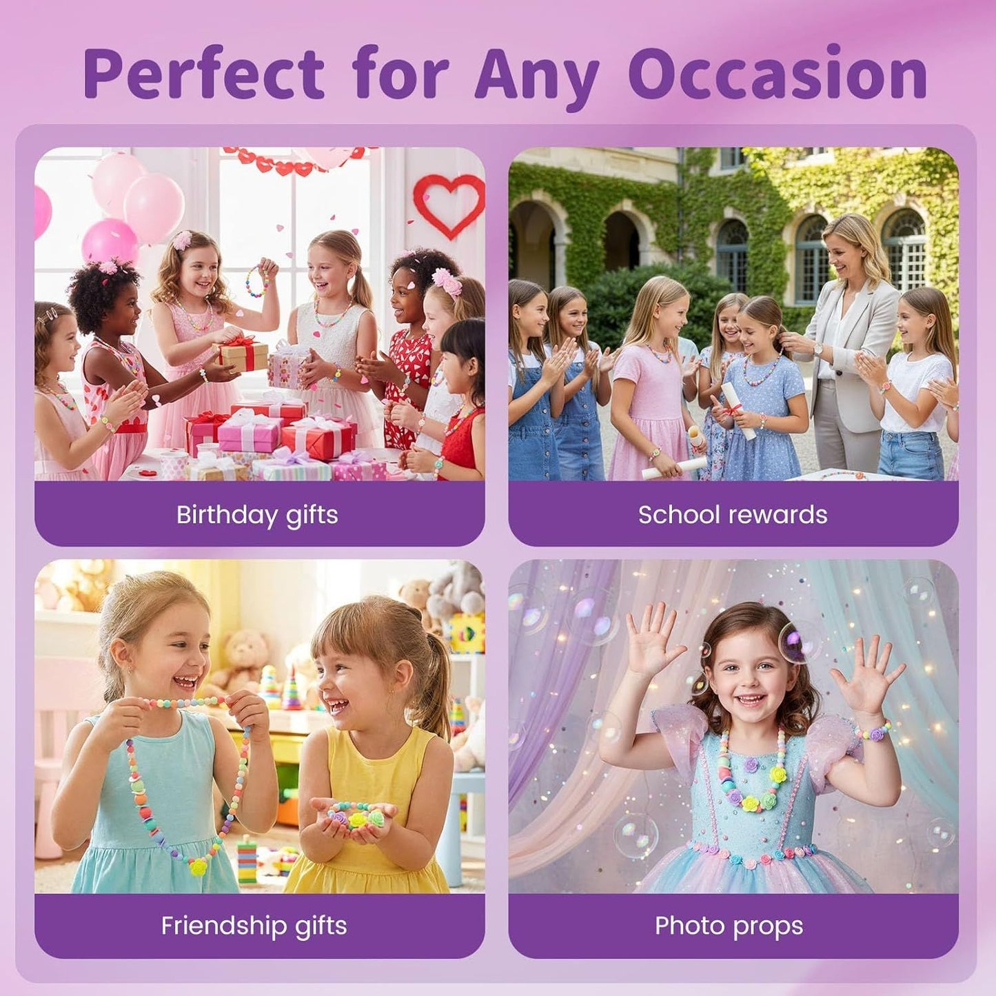 Toddler Necklace Bracelet, 3 Sets Kids Jewelry for Girls Colorful Beads, Costume Dress up Jewelry Gifts Princess Party Favors