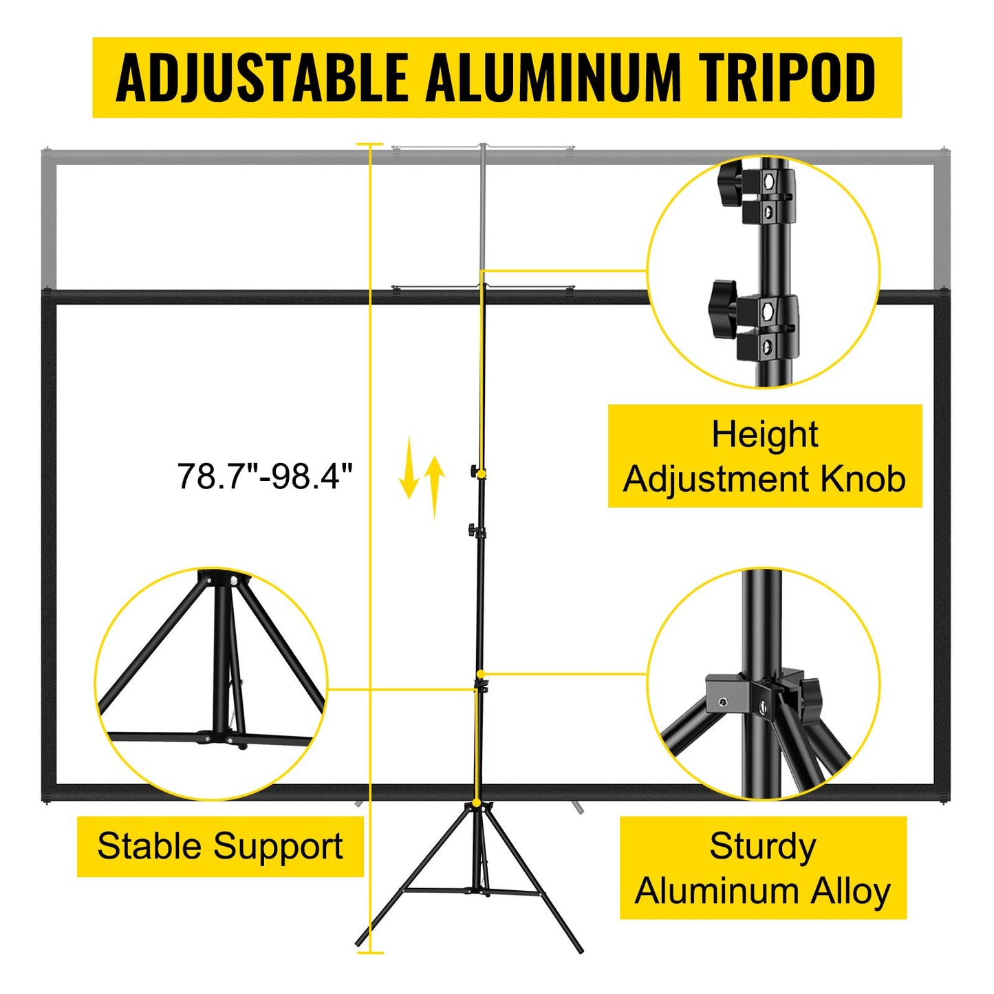 Tripod Projector Screen with Stand 110inch 16:9 4K HD Projection Screen Stand Wrinkle-Free Height Adjustable Portable Screen for Projector Indoor & Outdoor for Movie, Home Cinema, Gaming, Office
