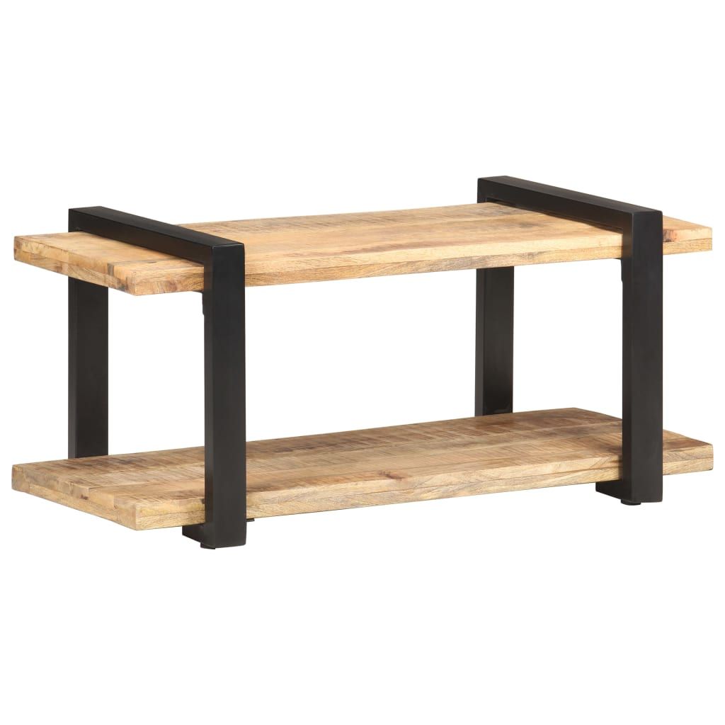 TV Cabinet Natural Wood, Black Rough Mango Wood, Iron 35.4 in