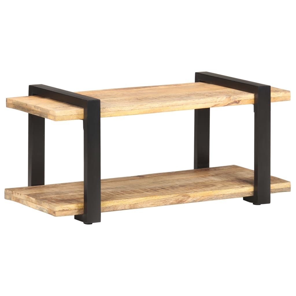 TV Cabinet Natural Wood, Black Rough Mango Wood, Iron 35.4 in