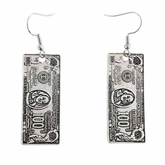 Vintage Metal Dollar Small Dangle Earrings Money Fun Hoop Dangle Earrings; 2 Pairs Silver Color