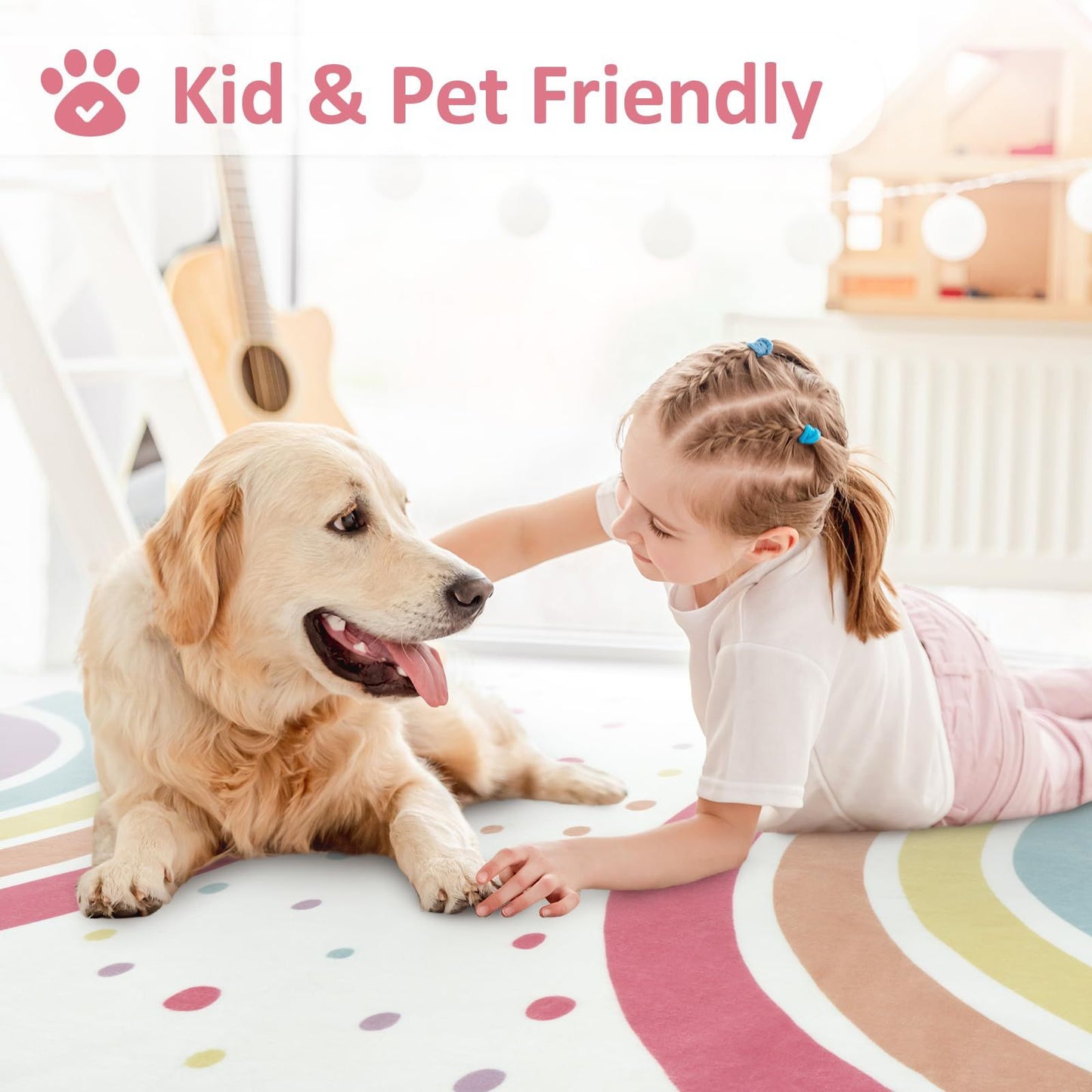 Washable Rainbow Rug for Girl Nursery, Small Rug 3X 5 Colorful Area Rugs for Kids Bedroom, Non-Slip Soft Polka Dot Carpet Kids Rugs for Classroom