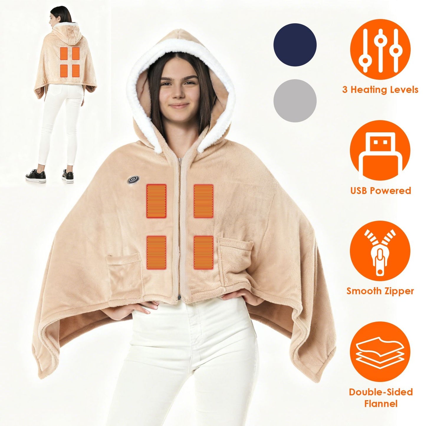 Wearable Heated Blanket - 8 Heating Zones, 3 Temperature Levels, Soft Double-Layer Flannel (59x31in), USB Power Bank Compatible, Machine Washable for Indoor Outdoor Camping Picnic