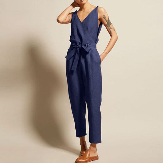 Women Jumpsuits Homewear Large Size Cotton Solid Female Sleeveless Romper Loungewear V-neck Sashes Vintage Summer Simple Casual
