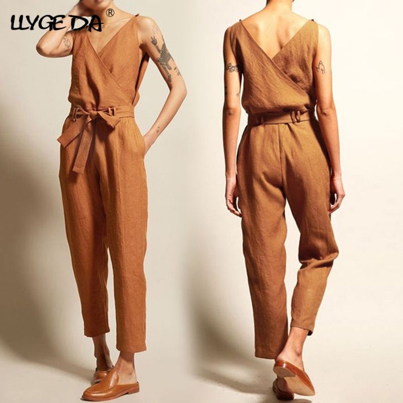 Women Jumpsuits Homewear Large Size Cotton Solid Female Sleeveless Romper Loungewear V-neck Sashes Vintage Summer Simple Casual