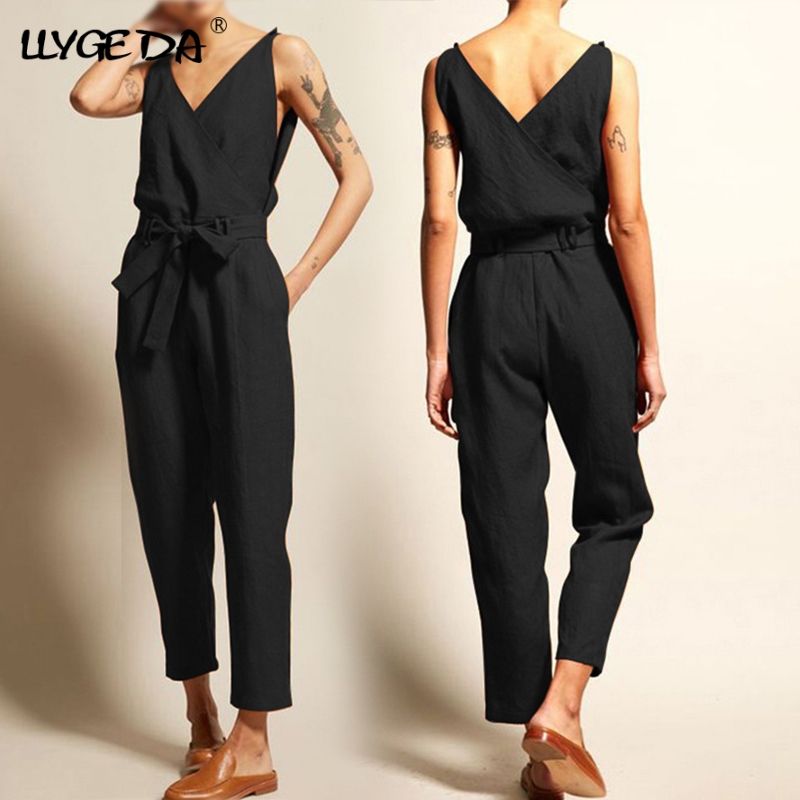 Women Jumpsuits Homewear Large Size Cotton Solid Female Sleeveless Romper Loungewear V-neck Sashes Vintage Summer Simple Casual