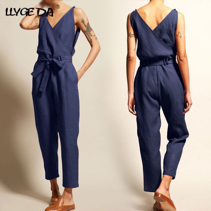 Women Jumpsuits Homewear Large Size Cotton Solid Female Sleeveless Romper Loungewear V-neck Sashes Vintage Summer Simple Casual