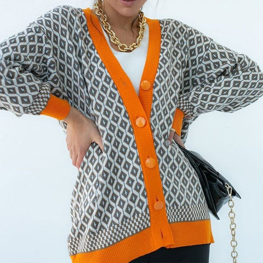 Women's Argyle Knitted Sweater Cardigans Long Sleeve Plaid Single-Breasted Buttons 2021 Autumn Loose Casual Cardigan Sweaters
