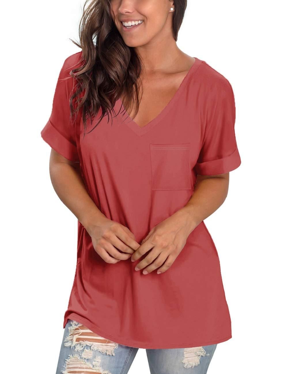 Womens Basic T Shirts Short Sleeve Spring Tops and Blouses Loose Basic Tees; Brick Red; L
