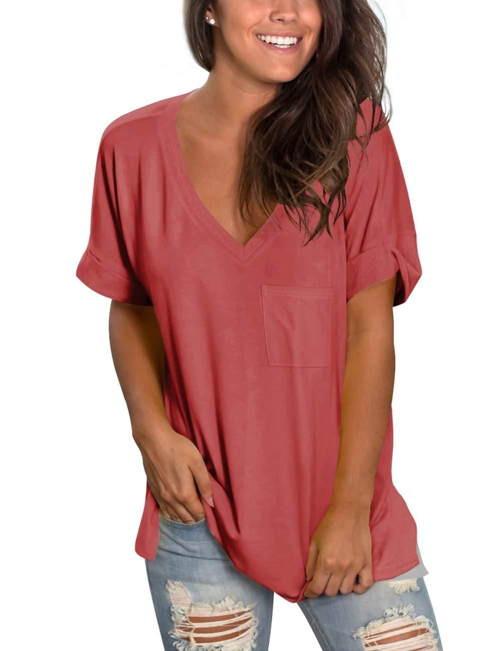 Womens Basic T Shirts Short Sleeve Spring Tops and Blouses Loose Basic Tees; Brick Red; L