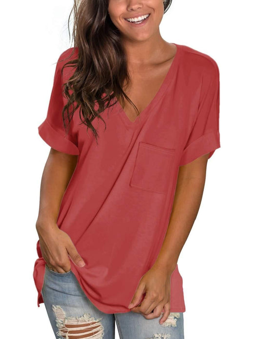 Womens Basic T Shirts Short Sleeve Spring Tops and Blouses Loose Basic Tees; Brick Red; L