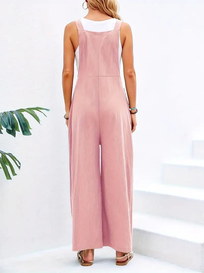 Women's Boho Solid Sleeveless Wide Leg Jumpsuit Romper, Casual Jumpsuit With Pocket