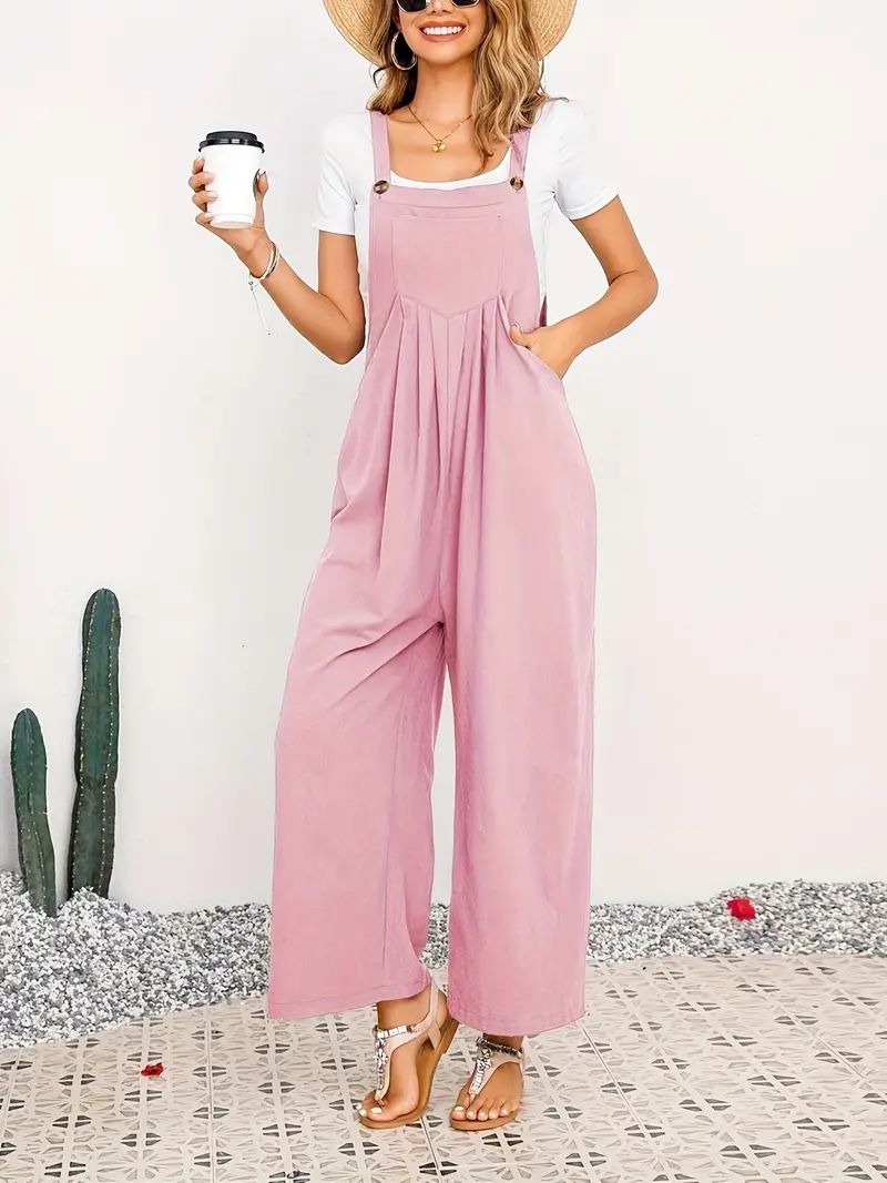 Women's Boho Solid Sleeveless Wide Leg Jumpsuit Romper, Casual Jumpsuit With Pocket