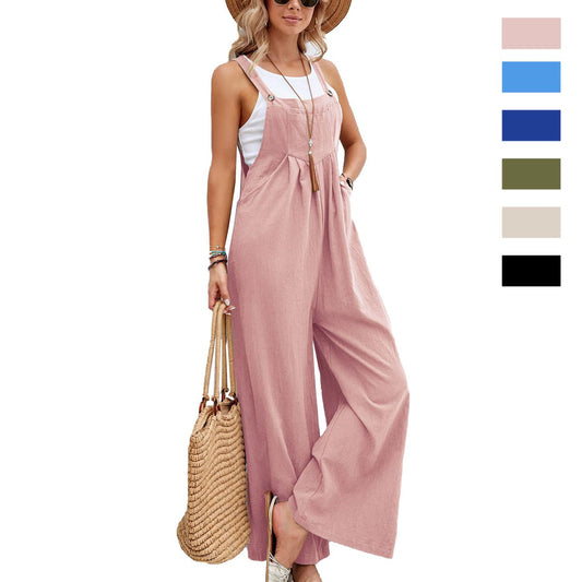 Women's Boho Solid Sleeveless Wide Leg Jumpsuit Romper, Casual Jumpsuit With Pocket