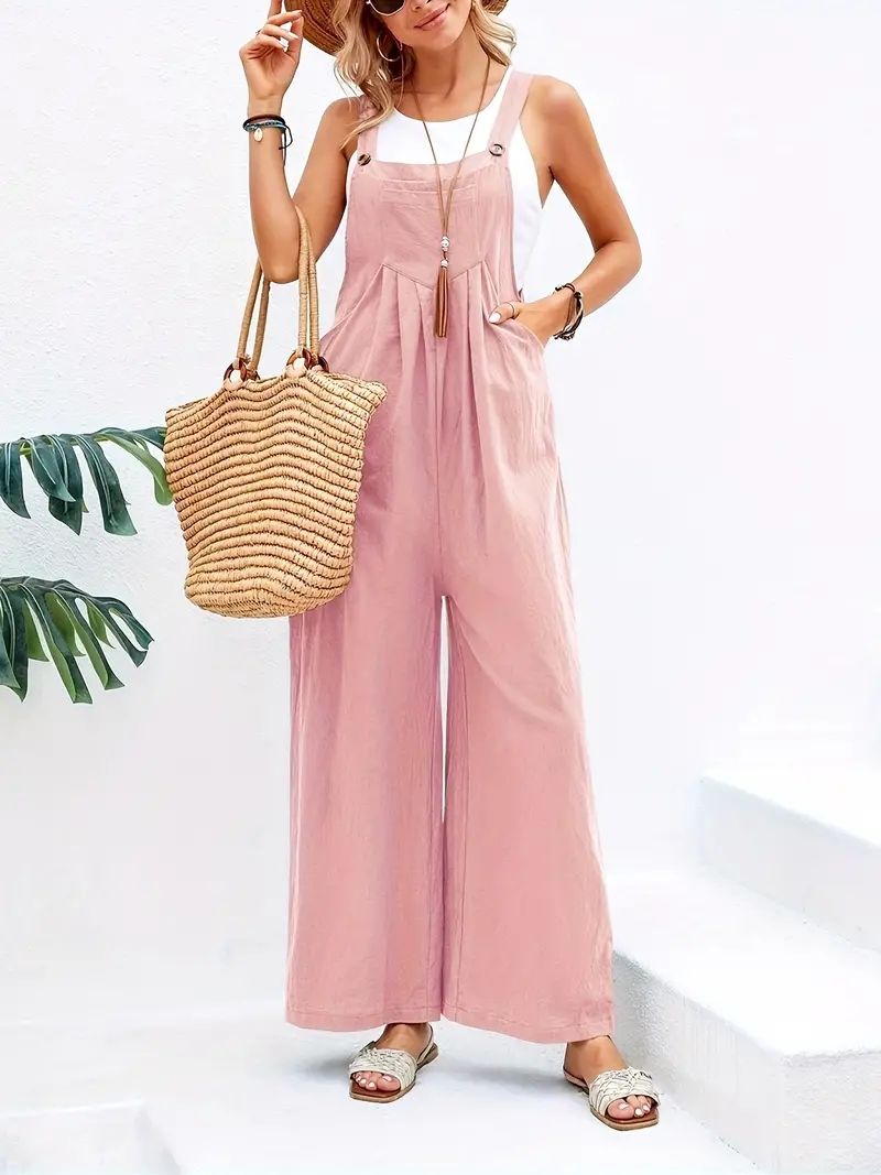 Women's Boho Solid Sleeveless Wide Leg Jumpsuit Romper, Casual Jumpsuit With Pocket