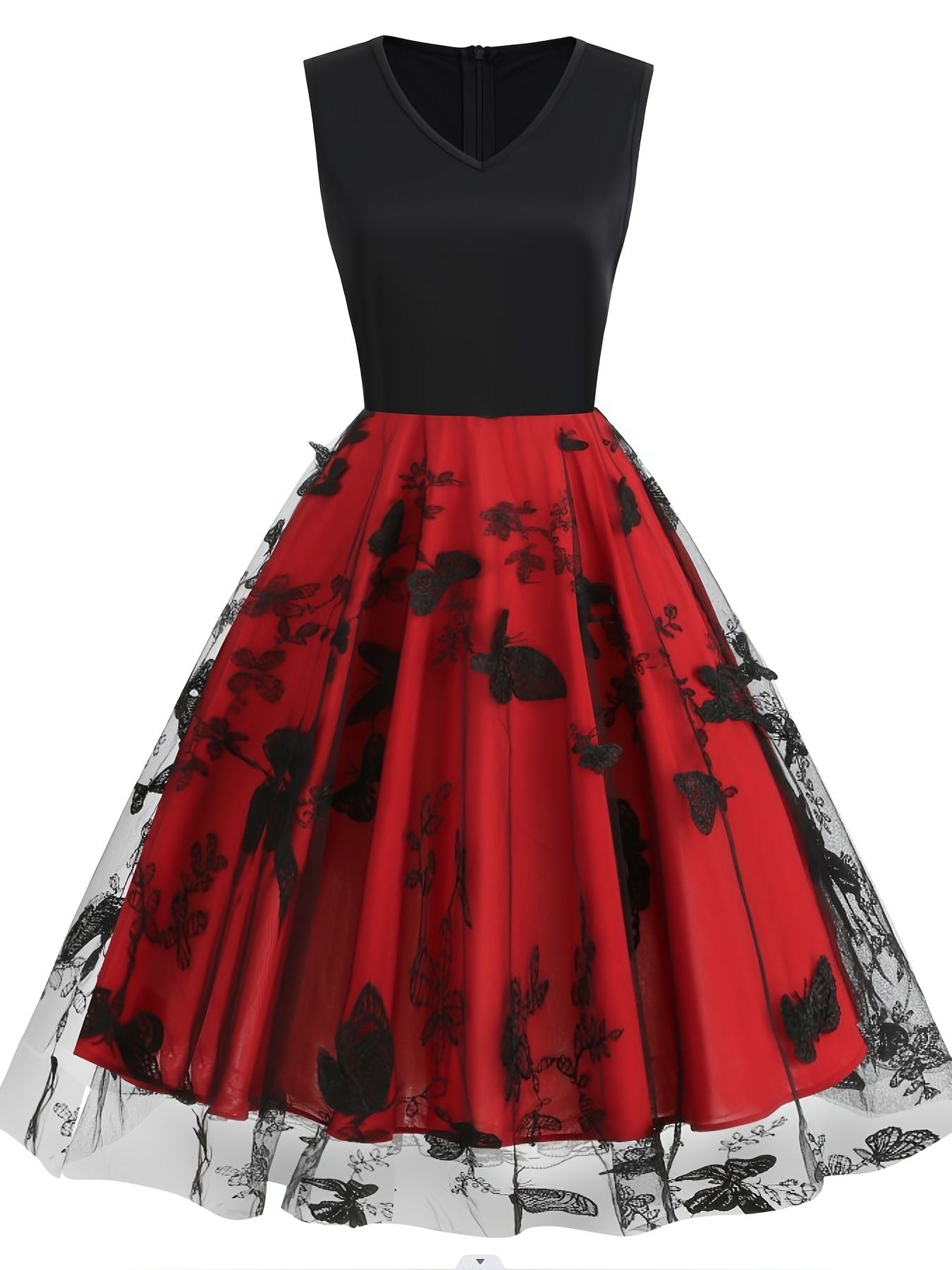 Women's Dress Sleeveless Butterfly Embroidery Mesh Double Layered Prom Dress