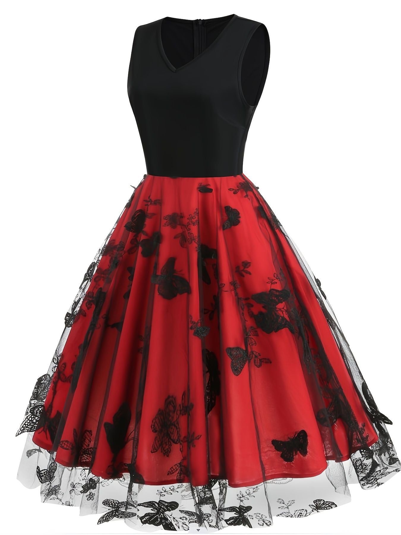 Women's Dress Sleeveless Butterfly Embroidery Mesh Double Layered Prom Dress