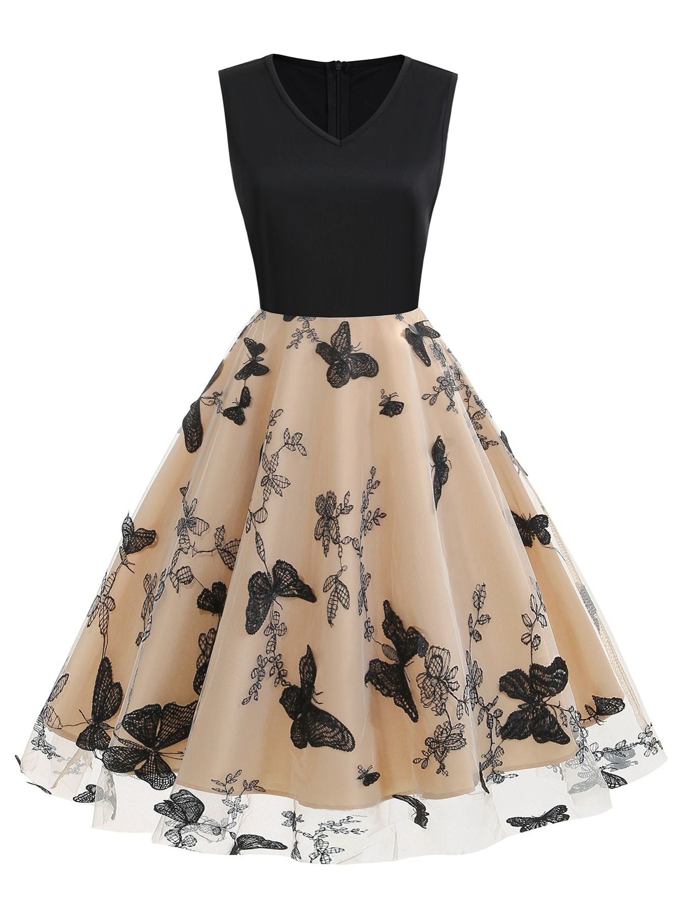 Women's Dress Sleeveless Butterfly Embroidery Mesh Double Layered Prom Dress