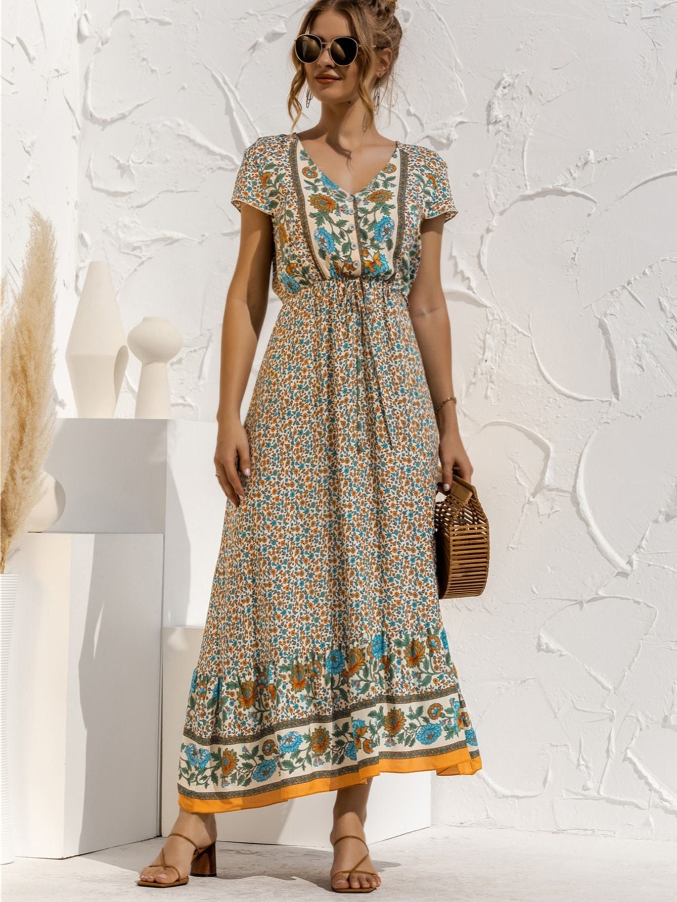 Women's Dresses Sexy Summer Women's High Waist Boho Style Fashion Ditsy Floral Print Slim Temperament Mid-Length Dresses