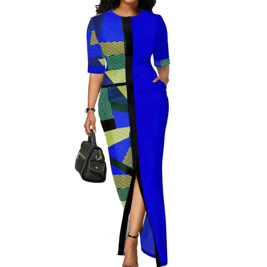 Women's Geometric Print Bodycon Dresses Short Sleeve Slit Sexy Long Evening Dress for Party Prom Dinner
