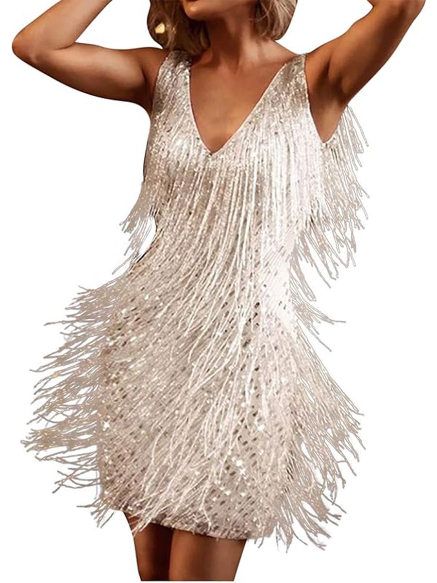Women's Layered Fringe Deep V Neck Mini Dress Sleeveless Tassels Flapper Dresses