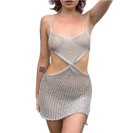 Women's Sexy Open Back Hollow Suspender Dress Bodycon Mini Nightclub Party Dress